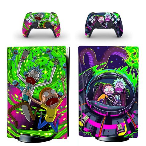 Looking for a really sleek and cool skin for your Playstation 5? This Rick & Morty skin displays a lot of vibrant colors, is scratch free allows for a unique look to your gaming console! Check it out! Ps5 Skin, Custom Consoles, Controller Design, Paper Liner, Playstation 5, Decal Design, Gaming Gear, Rick And Morty, Free Stickers