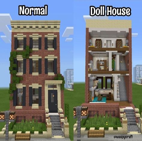 Minecraft Apartment Layout, Minecraft Nyc Townhouse, Minecraft Fire Escape Stairs, Minecraft House For Two, Minecraft City Ideas Layout, Minecraft City Houses, Townhouse Minecraft, Minecraft Apartment Building, Minecraft Neighborhood