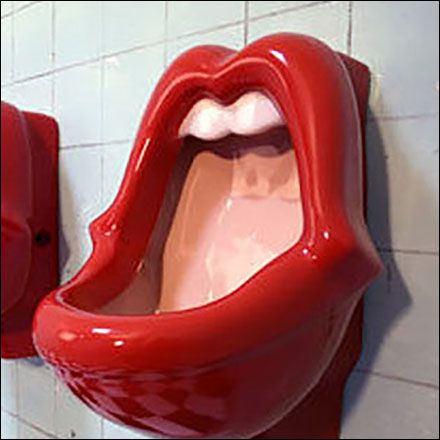 Not such an unusual Urinal style for a Rock and Roll bar if you mentally correlate with the The Rolling Stones “Tongue and Lip Design” logo (ci rca 1971)designed by John Pasche. Since F… Creative Inventions, Man Cave Basement, Public Restroom, Bad Design, Jena, Red Lips, Rolling Stones, Man Cave, Concept Design