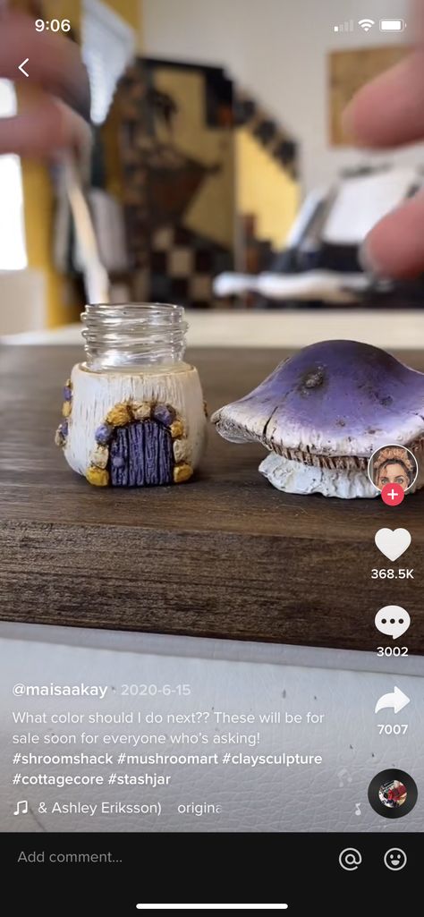 How To Make Clay Mushroom Jars, Diy Clay Mushroom Jar, Clay Mushroom Stash Jar, Mushroom Jars Diy, Polymer Clay Things To Sell, Air Dry Clay Mushroom Jar, Polymer Clay Stash Jar Diy, Diy Mushroom Jar, Polymer Clay Mushroom Jar