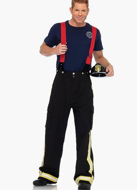 A basic but perfect fire fighter costume Firefighter Couple Costume, Mens Firefighter Costume, Firefighter Pants, Firefighter Halloween, Fireman Costume, Fire Captain, Captain Costume, Party City Costumes, Firefighter Costume