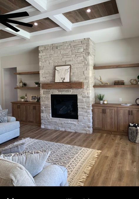 Open Light Living Room, Stone Wrapped Fireplace, Living Room Built Ins With Open Shelves, Stone Built In Fireplace, Bedroom Fireplace Sitting Area, Rustic Fireplaces With Built Ins, 9 Ft Ceiling Fireplace, Fireplace With Floating Shelves On Sides Wood, Living Room Designs Stone Fireplace