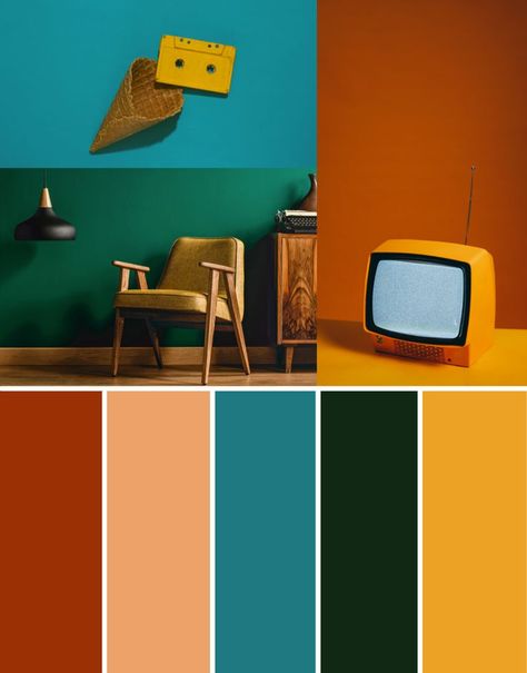 Fun, Bright, Bold, Neutral, Rust, Emerald Green, Retro, Mid Century Color Palette. Mid Century Colours Color Palettes, Modern Vintage Colour Palette, 70s Home Color Palette, Vintage Green Palette, 1970s Color Palette Interior Design, 70s Interior Color Palette, Retro Colour Palette Bright, Retro Groovy Color Palette, Mid Mod Color Palette