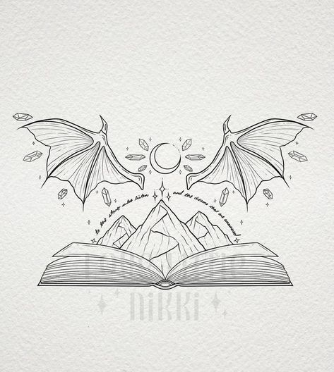 Witch Dragon Tattoo, Book Small Tattoo, Acotar Tattoos Ideas, Acotar Design, Acotar Wings, Acotar Phone Wallpaper, Bookworm Tattoo Ideas, Acotar Mountain Tattoo, Aelin Galathynius Tattoo