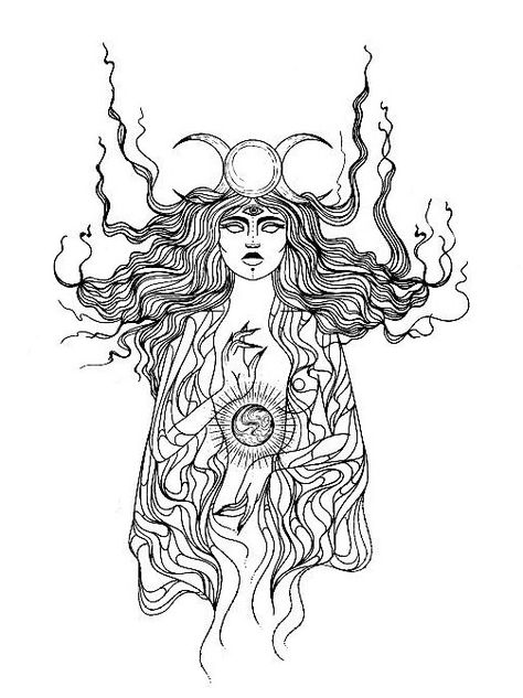 Hecate Coloring Page, Hekate Coloring Pages, Hekate Key Tattoo, Hekate Drawing, Sorceress Tattoo, Selene Goddess Of The Moon Tattoo, Witchy Tattoo Ideas Goddesses, Nyx Goddess Tattoo, Wild Woman Tattoo