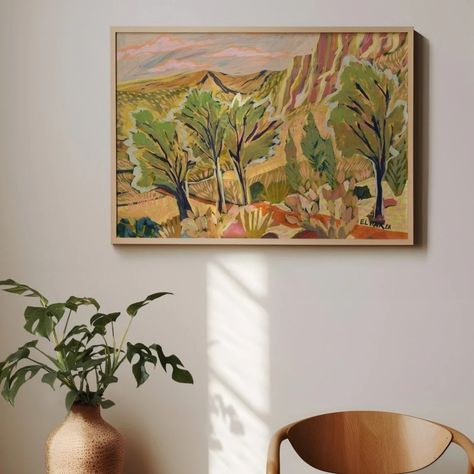 Transform your space into a desert oasis with this stunning wall art. Featuring a vintage western design, this print captures the beauty of the southwestern landscape and adds a touch of nostalgia to your decor.  THERE ARE NO BORDERS. THE ARTWORK IS PRINTED TO THE EDGES.Prints:Original art is acrylic on canvas. This hi Southwestern Minimalist Decor, Artworks Aesthetic, Vintage Landscape Paintings, Colorado Prints, Bedroom Art Above Bed, Southwestern Landscape, Artwork Living Room, Christmas Art For Kids, Western Wall Art