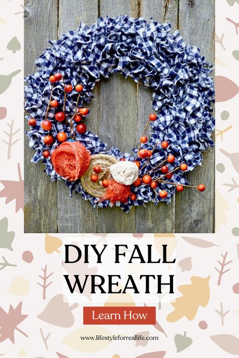 Learn how to create this simple and beautiful DIY Fall wreath using just a few materials! This step-by-step guide will help you craft the perfect autumn decor for your home. With a cozy blend of navy plaid fabric, vibrant orange accents, and rustic touches, this wreath is a must-have for your front door this season. Click to discover how to make your own! Fabric Wreaths Diy, Simple Fall Wreath, Fall Wreath Tutorial, Fabric Wreaths, Fabric Wreath, Easy Decor, Diy Fall Wreath, Fall Door, Wreath Tutorial