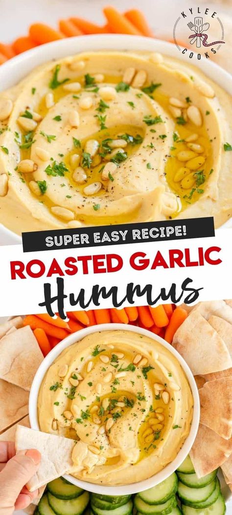 This is the Best Roasted Garlic Hummus Recipe, ever! Roasted garlic makes this homemade hummus SO good. Just a quick blast in a blender and this healthy and tasty dip/spread is yours! Roasted Garlic Hummus Recipe, Garlic Hummus Recipe, Dips Recipes, Dip Recipes Appetizers, Roasted Garlic Hummus, Hummus Recipe Homemade, Garlic Hummus, Delicious Appetizer Recipes, Best Appetizer Recipes