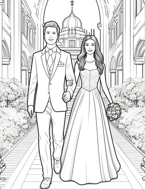 Free coloring page of pretty bride and wedding day for adults – Bujo Art Black Couple Coloring Pages, Couple Pose Illustration, Couple Sketch Poses, Exam Tension, Bridal Illustration, Sketch Quotes, Bujo Art, Wedding Coloring Pages, Blank Coloring Pages