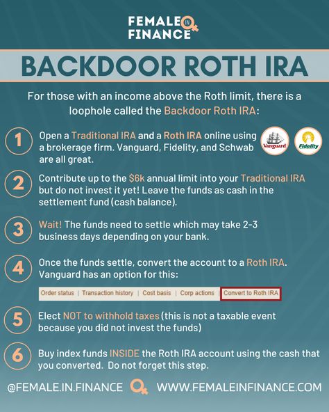 How To Setup a Backdoor Roth IRA — Female in Finance Roth Ira Vs 401k, Roth Ira For Beginners, Roth 401k, 401k Vs Roth Ira, Ira Roth, Roth Ira Investing, Money Sense, Money Saving Methods, Successful Business Tips