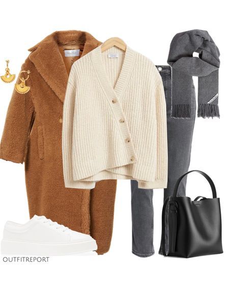 Grey Denim Jeans, White Shoes Sneakers, Beige Blazer, Cream Cardigan, Black Handbag, Teddy Coat, Virtual Fashion, Shoes Brown, Oversized Jacket