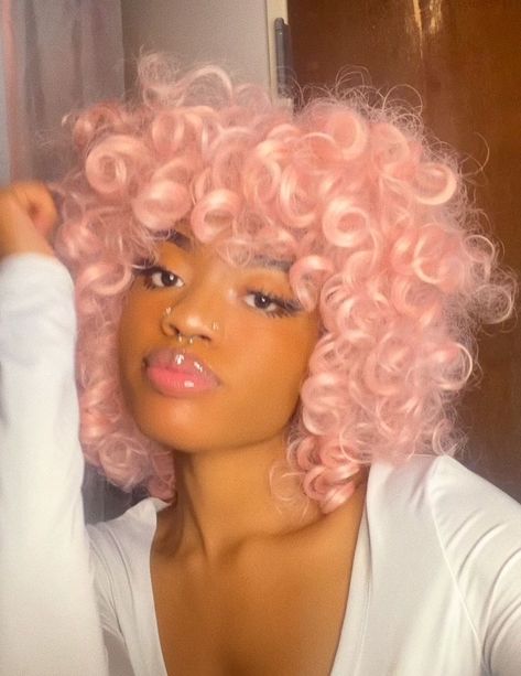 Pink Afro Aesthetic, Cotton Candy Hair Color Pastels, Light Pink Natural Hair, Light Pink Hair Black Women, Pink Curly Hair Black Women, Pastel Pink Curly Hair, Light Pink Hair Pastel, Light Pink Curly Hair, Pink Afro Hair