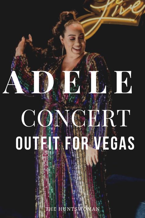 Woman in sparkly sequin jumpsuit posingg with a long ponytail.  Text on image reads "Adele concert outfit for vegas" Adele Vegas Outfit, Concert Vegas Outfit, Vegas Concert Outfit Plus Size, Vegas Plus Size Outfits, Concert Jumpsuit Outfit, Vegas Concert Outfit Ideas Summer, Adele Outfits Concert, Adele Concert Outfit Ideas Vegas, What To Wear To Adele Concert In Vegas