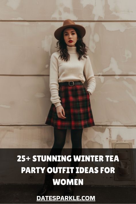 Woman in a winter outfit with a cream sweater, plaid skirt, and hat. Afternoon Tea Outfit Winter Casual, High Tea Winter Outfit, Afternoon Tea Winter Outfit, Winter Afternoon Tea Outfit, Christmas Tea Party Outfit, What To Wear To Tea, Tea Party Outfit Winter, Winter High Tea Outfit, High Tea Attire