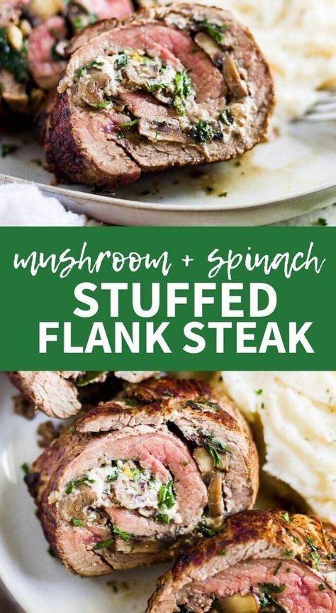 Spinach Stuffed Flank Steak, Baked Stuffed Flank Steak, Flank Steak Recipes Oven, Flank Steak Rolls, Stuffed Flank Steak, Steak Rolls, Mushrooms And Spinach, Skirt Steak Recipes, Baked Steak