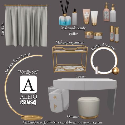 Sims 4 Sink Cc, Sims Decor Cc, Sims 4 House Decor, Sims 4 Bedroom Cc, Vanity Ideas Bedroom, Sims Makeup, Gold Bedroom Decor, Sims 4 Decor, Sims Baby