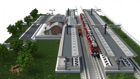 Minecraft F1 Track, Minecraft Rail Station, Minecraft Metro Station, Minecraft Train Station Ideas, Minecraft Railway Station, Minecraft Train Station, Minecraft Airport, Minecraft Train, Minecraft Restaurant