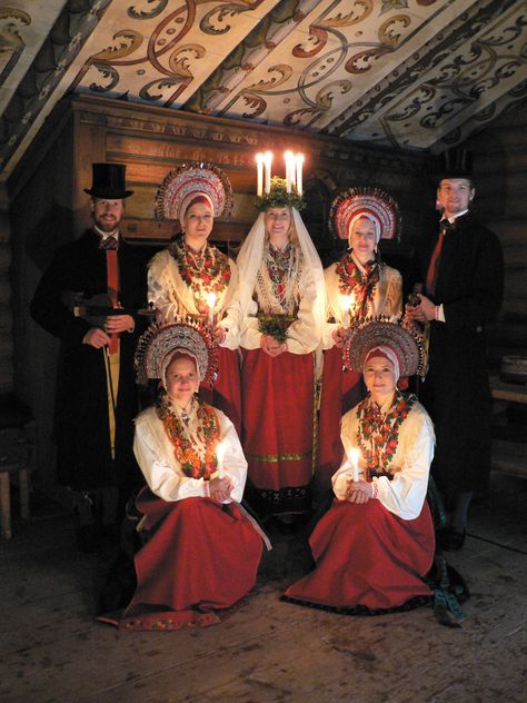 Lucia celebration with Malung costumes, Dalarna. Denmark Culture, Sankta Lucia, Santa Lucia Day, St Lucia Day, Saint Lucy, Vegas Hotels, Travel Thailand, Scandinavian Countries, Swedish Christmas