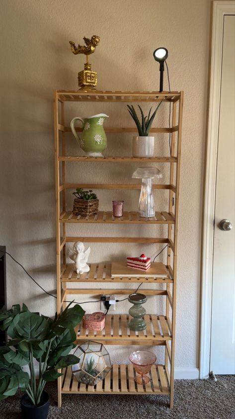 aesthetic bamboo shelf decorated Cottagecore Floating Shelves, Aesthetic Plant Shelf, Trinkets For Shelves, Bamboo Shelf Decor, Bathroom Standing Shelf, Aesthetic Bamboo, Wood Box Shelves, Boho Shelf Decor, Boho Shelf