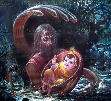 Vasudeva Carrying the Newborn Krishna to Nand's House in Gokul via the River- Yamuna, This Beautiful Painting Made By The Great Artist P.Sardar ji. (1932- 1994)🎨 This is Very Priceless Painting....✨✨✨✨ This Paintings is Use for The Indian Calendar Print in Shivkashi, Joti Calendar Company in 1978 to 1982. Krishna Born Images In Jail, Newborn Krishna, Indian Calendar, Krishna Sudama, Krishna Birth, Yamuna River, Jay Shree Krishna, Beautiful Landscape Pictures, Lord Siva