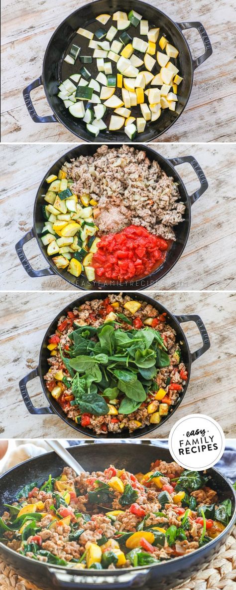 Try this ONE-PAN, easy clean up, 30 MINUTE family friendly dinner! This FAST Italian seasoned ground turkey recipe uses fresh zucchini, yellow squash, and spinach with canned tomatoes for a delicious, wholesome one-skillet meal your family will love. It’s a go-to quick and easy dinner on busy nights, or when you need that perfect meal prep recipe for lunch. Serve it with pasta, grains, or garlic bread for a satisfying dinner, then repurpose leftovers in new and tasty ways the rest of the week! Ground Turkey Veggie Recipes, Turkey Squash Skillet, Turkey And Vegetables, Healthy Spaghetti Squash Recipes Ground Turkey, Lean Easy Meals, Turkey And Vegetable Skillet, Ground Turkey And Veggie Skillet, Ground Turkey And Vegetables, Ground Turkey Squash Zucchini