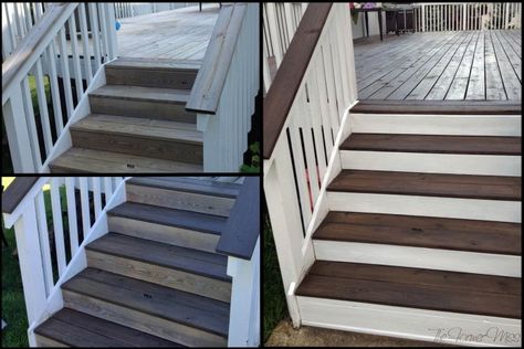 dark stain and white trim deck makeover - @Blair Munday got me inspired Deck Stain Colors, Deck Remodel, Deck Makeover, Deck Colors, Deck Paint, Tech Deck, Staining Deck, Casa Exterior, Deck Plans