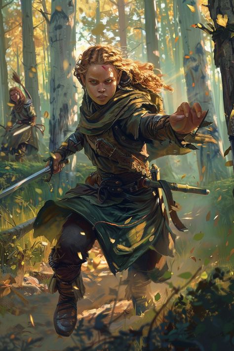 Equipped with lightning-fast reflexes and an uncanny ability to dodge attacks, the Halfling Monk is like a gust of wind dancing through a field of danger. Their dexterity is unmatched, evoking envy from the most graceful of elves and awe from the mightiest of warriors. Female Druid Art, Wood Elf Dnd, Monk 5e, Wood Elf Ranger, Warlock 5e, Female Druid, Ranger Dnd, Archer Characters, Wood Elves