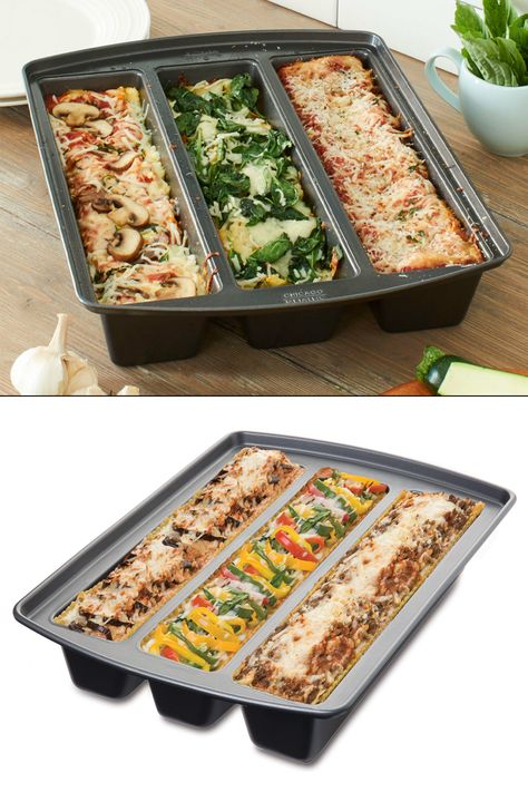 This unique lasagna pan from Chicago Metallic has three separate sections for conveniently baking up three different lasagna recipes at the same time. Lasagna For 4 People, Lasagna In A Pan Recipe, Lasagna Trio Pan Recipes, Lasagna In A Loaf Pan, Lasagna Pan, Pan Recipes, Lasagna Recipe, Bakeware, Different Recipes