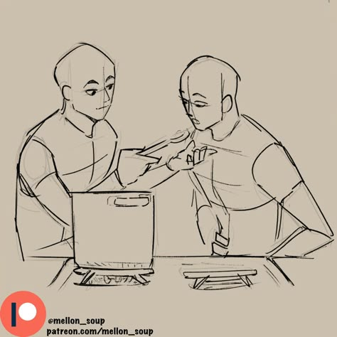 Man Cooking Drawing Reference, Poses Couples Reference, Baking Pose Reference Drawing, Feeding Someone Pose Reference, Mellon Soup Couple Poses, Baking Drawing Reference, Melon Soup Pose Reference Drawing, 2 People Poses Drawing Reference Couple, Mellon Soup Ref