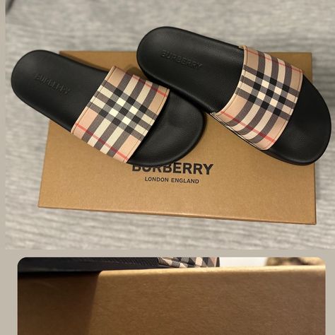 Burberry Slides Only Used To Try On Burberry Slides, Lv Slides, Luxury Slides, Pretty Sneakers, Designer Slides, Pretty Sandals, Nike Shoes Girls, Pretty Shoes Sneakers, Fab Shoes