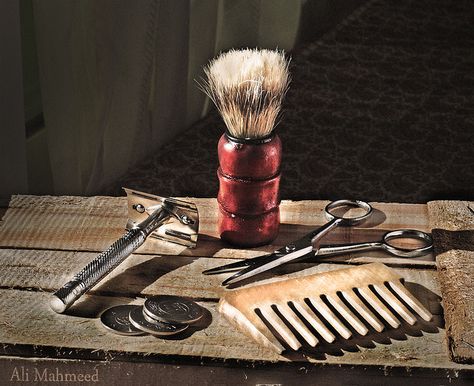 Still Life, The Barber . by Ali Mahmeed., via Flickr Barber Shop Photography, Barber Tools Photography, Barber Poster, Barber Tips, Old School Barbershop, Barber Shop Vintage Old School, 90s Barber Shop, Vintage Hair Salons, Barber Apron