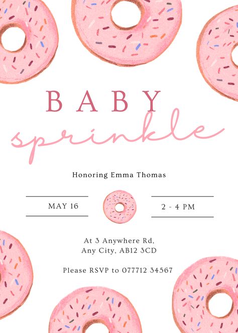 Sprinkle the sweetness and celebrate the imminent arrival of a little one with our pink sprinkle donut baby shower invitation template! This charming and deliciously cute design will have your guests craving for a delightful celebration filled with love and sprinkles. Baby Sprinkle For Girl, Baby Sprinkle Girl, Pink Sprinkle Donut, Sprinkle Shower, Pink Donut, Baby Sprinkle Invitations, Sprinkle Donut, Sprinkle Invitations