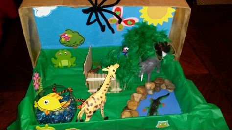 Box zoo school project Dinosaur School Project, Gold Rush Projects, Dinosaur Diorama, Science Exhibition Projects, Diorama Kids, Ecosystems Projects, Dinosaur Garden, Habitats Projects, Dinosaur Projects