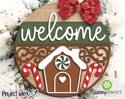 Welcome Gingerbread House Sign, DIGITAL, Round door hanger svg, Glowforge laser cut file, Cricut, Christmas decor files, Christmas sign svg Christmas Signs On Wood, Cricut Christmas Decor, Sell Embroidery, Laser Signs, Christmas Sign Svg, Door Hanger Svg, Round Door Hanger, Wood Art Projects, Cricut Christmas