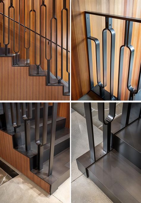 This modern black steel balustrade has a u-shaped design, adding an artistic touch to the home. #Stairs #StairDesign #SteelStairs #Handrail #SteelHandrail Ideas For Staircase Wall, Steel Handrail Design, Black Metal Stair Railing, Ideas For Staircase, Steel Stair Railing, Balustrade Design, Metal Stair Railing, Steel Railing Design, Steel Balustrade