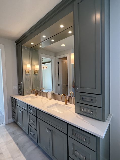 Bathroom With Double Mirrors, Master Double Vanity With Makeup Area, Double Sink Bathroom Vanity With Two Towers, Bathroom Island Ideas, Double Basin Bathroom Master Bath, Bathroom With Dual Vanities, Double Vanity Master Bath Ideas, Small Dual Sink Bathroom Ideas, 6ft Vanity Master Bathrooms