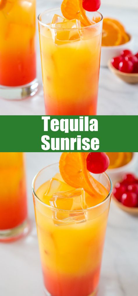 Tequila Sunrise Recipe - A cool and refreshing cocktail with orange juice, grenadine and tequila.  Perfect for all of your get togethers! Jungle Juice With Tequila, Tequila Slush Recipe, Yellow Cocktails, Drinks With Tequila, Grenadine Recipe, Cocktails With Tequila, Sunrise Drink, Tequila Sunrise Recipe, Vacation Drinks