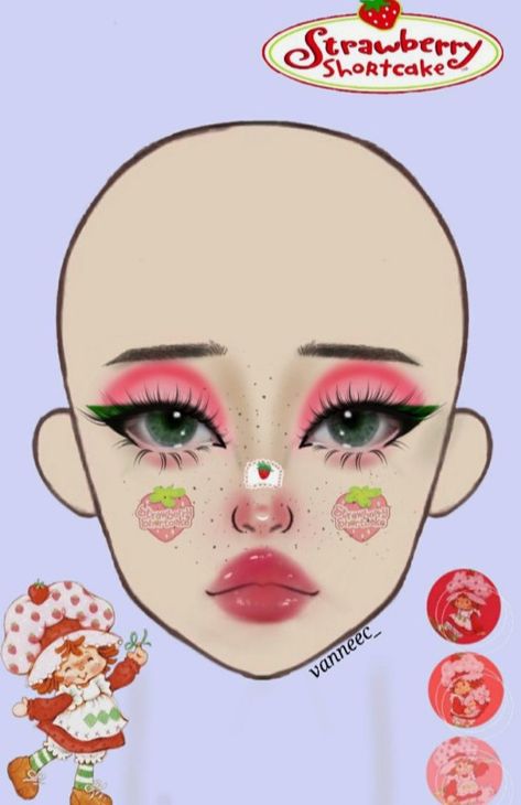 Strawberry Shortcake Eye Makeup, Strawberry Shortcake Costume Makeup, Strawberry Shortcake Makeup Halloween, Strawberry Shortcake Makeup Ideas, Strawberry Themed Makeup, Strawberry Makeup Look Aesthetic, Strawberry Eyeliner, Strawberry Makeup Aesthetic, Strawberry Eye Makeup