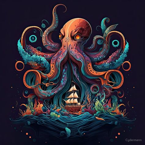 Kraken Art Illustrations, Kraken Painting, Kraken Illustration, Kraken Art, Sea Creatures Art, The Kraken, Hawaiian Theme, Graphic Arts, Cthulhu