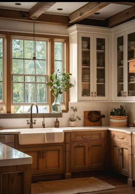 Butcherblock Countertops, Kitchen Open Shelving, Kitchen Color Schemes, Charming Farmhouse, Cabin Kitchens, Kitchen Farmhouse, Kitchen Inspiration Design, Kitchen Color, Upper Cabinets