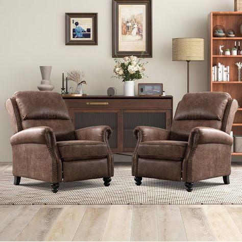 Amazon.com: CANMOV Chocolate Recliner Chair for Relaxing | Faux Leather | Rivet Decoration | Single Sofa, Accent Chair | Living Room : Home & Kitchen Decorating With Recliners Family Rooms, Reading Nook 2 Chairs, Brown Leather Accent Chair Living Rooms, Lazy Boy Furniture Living Rooms, Recliner Sofa Living Room Decor, Recliners In Living Room, Sitting Room Furniture, Sofa Accent Chair, Modern Country Living