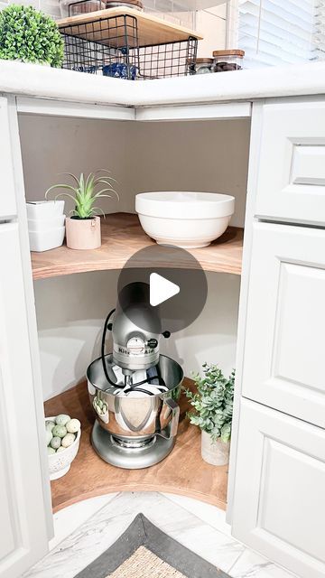 Rita Stapleton | DIY Enthusiast on Instagram: "I converted one of my lazy susan cabinets into these open shelves because it is way more functional for me.  Are you team open shelf or do you like the spinning Lazy Susan to hide things in?   #openshelving #diyprojects #diyhomerenovation #diylookforless #kitchenshelves #cornercabinet #cornershelves #staining #edgebanding #budgetdiy" Open Lazy Susan Cabinet Ideas, Lazy Susan Door Ideas, Upper Cabinet Lazy Susan, Lazy Susan Cabinet Alternative, Convert Lazy Susan Cabinet, Tall Lazy Susan Pantry, Repurpose Lazy Susan Cabinet, Replace Lazy Susan Cabinet, Lazy Susan Remodel