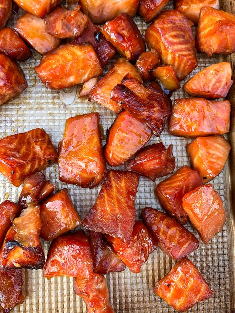 Candied Smoked Salmon Bites Treager Seafood Recipes, Meat Grilling Recipes, Candy Smoked Salmon Recipe, Indian Candy Smoked Salmon, Smoked Meats Recipes Smokers, Salmon Jerky In Smoker, Smoked Fall Recipes, Candy Salmon Smoked, Trager Smoker Salmon