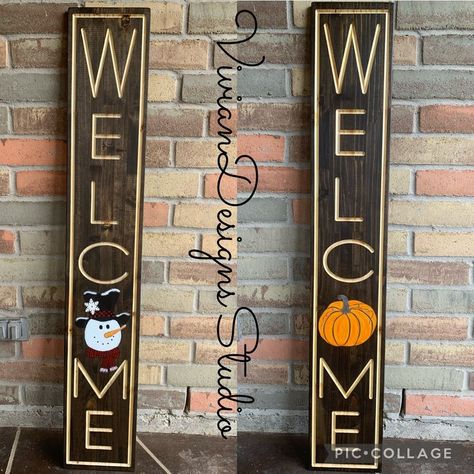 This porch leaner is carved which gives it a ranch farmhouse aesthetic perfect for front porch decor. It has “Welcome” carved in and a painted pumpkin and snowman on each side, double sided perfect for the winter and fall season. The dimensions are 48x8x.75 inches. Welcome Porch Leaner, Porch Leaner Sign, Sunflower Welcome Sign, Fall Welcome Sign, Porch Leaners, Fall Pumpkin Centerpieces, Ranch Farmhouse, Fall Products, Welcome Signs Front Door