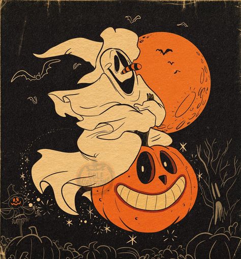 Vintage Ghost Art, Vintage Halloween Drawings, Horror Asthetics, Halloween Cartoon Art, Otto Tattoo, Halloween Imagenes, Halloween Vintage Art, Retro Halloween Art, Vintage Halloween Illustration