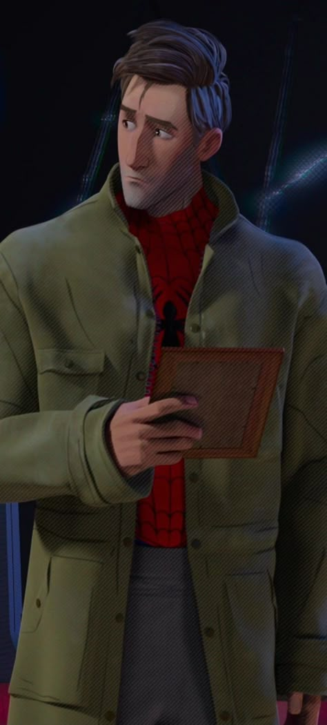 Peter Parker Into The Spiderverse, Spiderverse Peter B Parker, Spider Dads, Peter B Parker, Spider People, Red And Black Wallpaper, Spaider Man, Across The Spider Verse, Jean Luc Godard