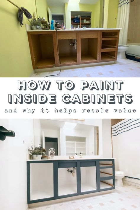 Inside Cabinets Makeover, Paint Inside Cabinets, Inside Of Cabinets, Vanity Painting, Pretty Vanity, Inside Kitchen Cabinets, Bathroom Cabinet Makeover, Bathroom Cabinets Diy, Painting Bathroom Cabinets