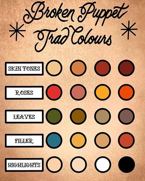 American Traditional Tattoo Color Palette, Traditional Tattoo Color Palette, Tattoo Color Palette, American Trad Tattoo, Traditional Tattoo Tutorial, Tattoo Colors, Traditional Tattoo Flash Sheets, Traditional Tattoo Drawings, Traditional Tattoo Inspiration