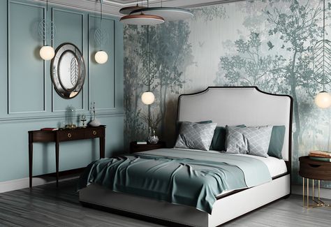 Blue classical bedroom on Behance French Blue Bedroom, New Classic Bedroom, Aesthetic Bed Sheets, Classical Bedroom, Bedding Aesthetic, Bedding Master, Aesthetic Bedding, European Bedroom, Blue Bedroom Walls