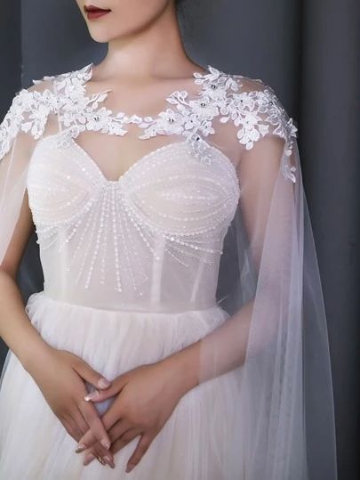 Faux Pearl Decor Bridal Veil | SHEIN USA Bride Bolero, Off Shoulder Wedding Gown, Jasmine Wedding Dress, Bolero Crochet, Size 12 Wedding Dress, Silk Party Dress, Beaded Formal Dress, Lace Panel Dress, Wedding Coat